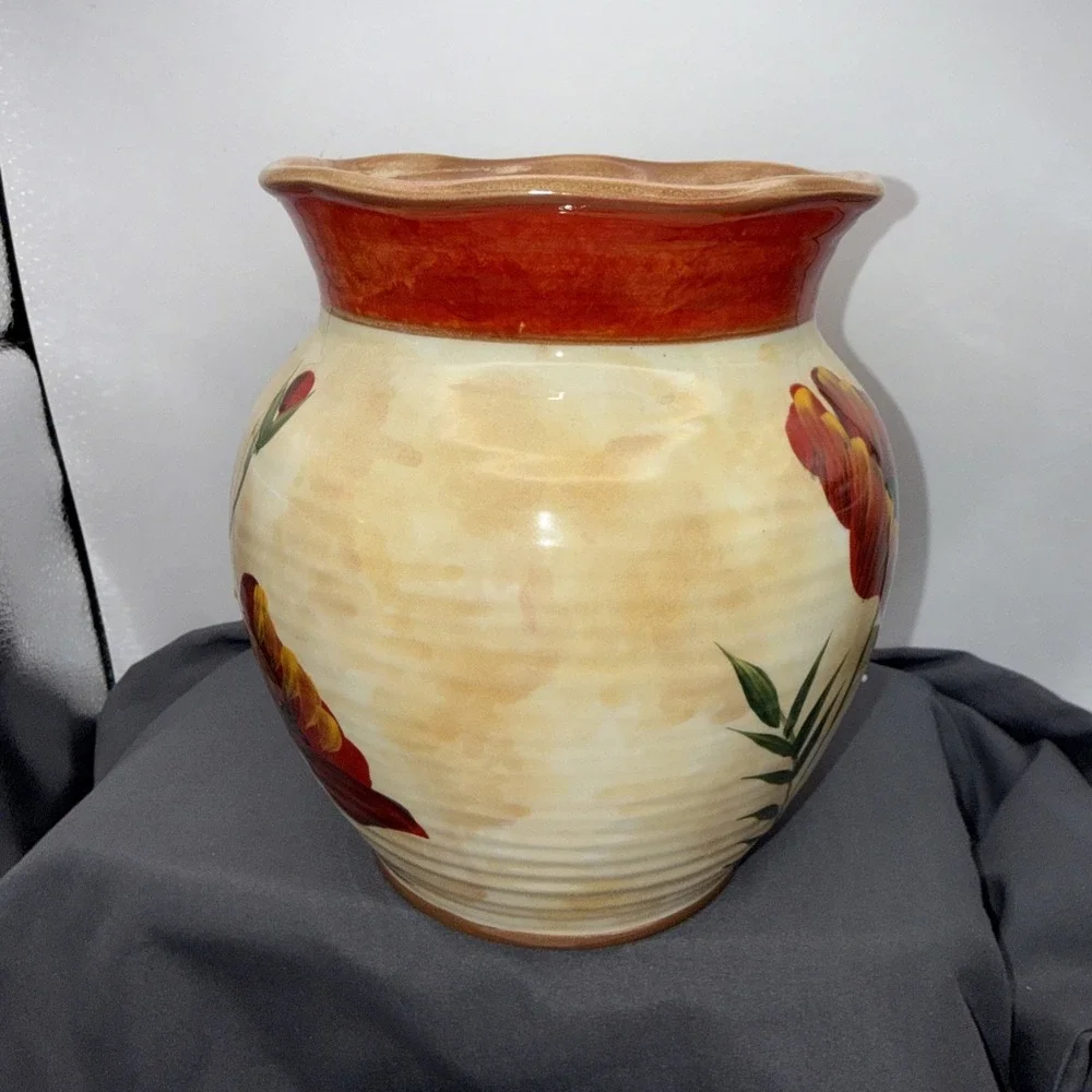 Vase by Pier 1  Poppies Utensil Holder / Vase Hand-Painted Earthenware 7